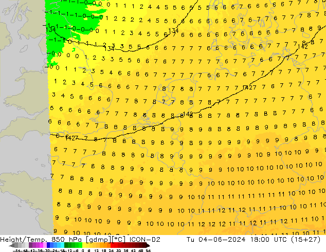 Geop./Temp. 850 hPa ICON-D2 mar 04.06.2024 18 UTC