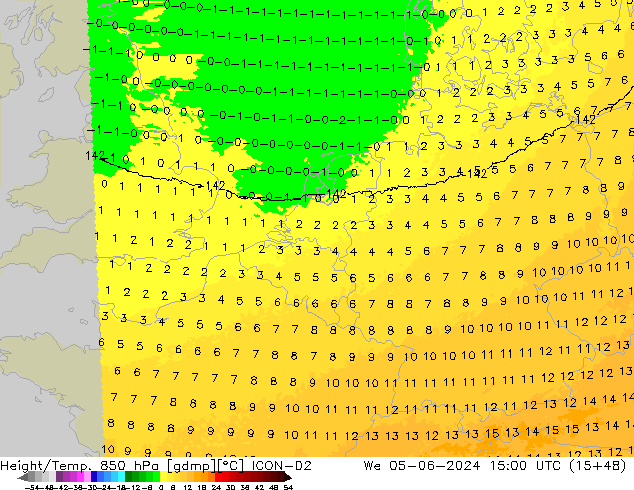 Hoogte/Temp. 850 hPa ICON-D2 wo 05.06.2024 15 UTC