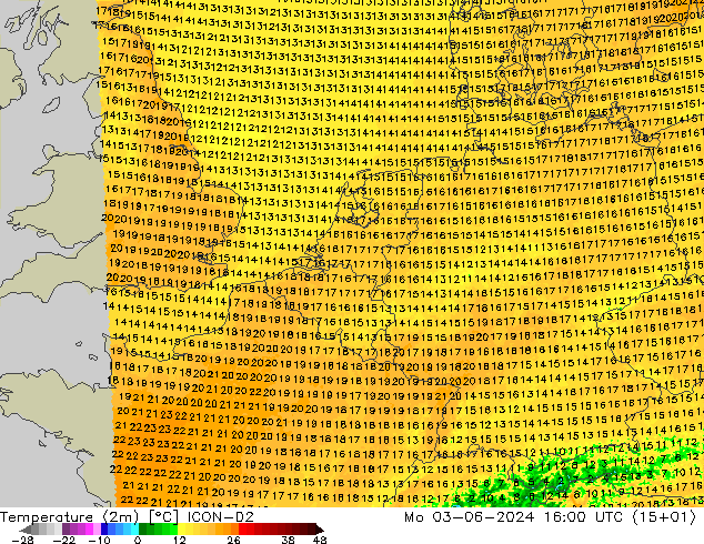 Temperature (2m) ICON-D2 Mo 03.06.2024 16 UTC