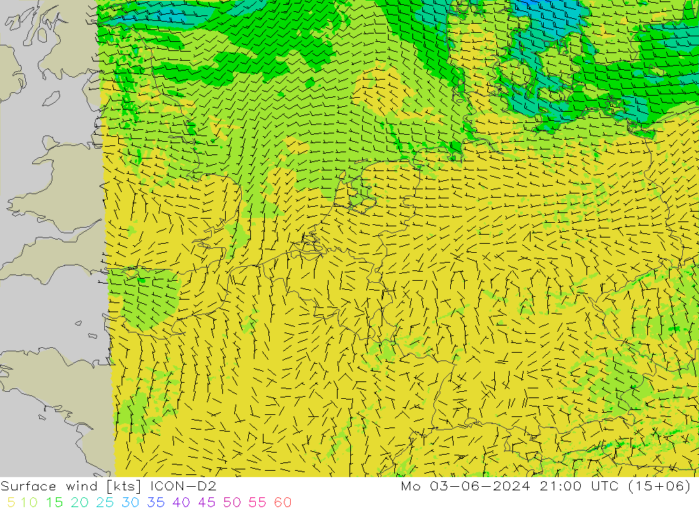 Wind 10 m ICON-D2 ma 03.06.2024 21 UTC