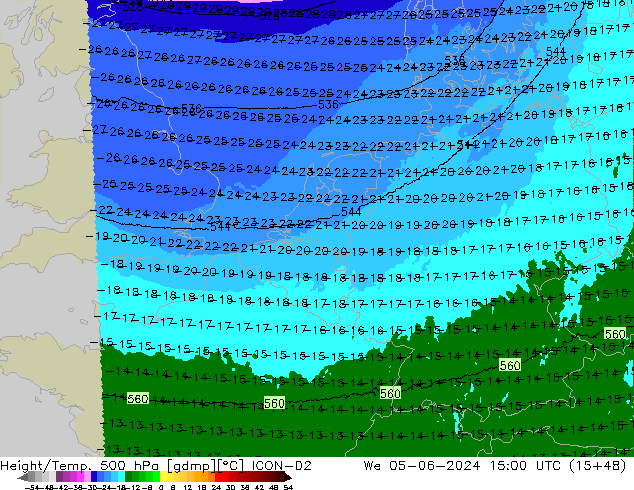 Hoogte/Temp. 500 hPa ICON-D2 wo 05.06.2024 15 UTC