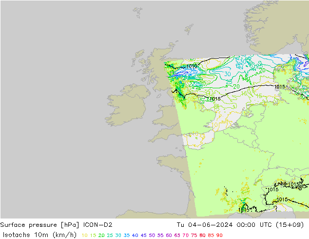 Eşrüzgar Hızları (km/sa) ICON-D2 Sa 04.06.2024 00 UTC