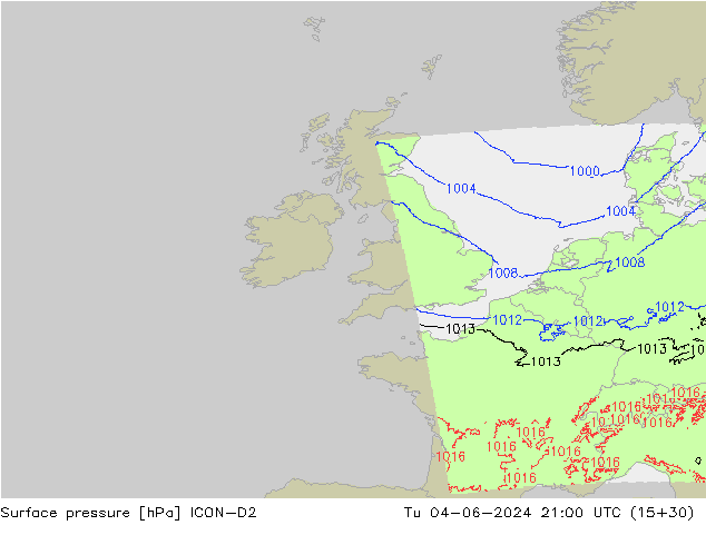 Surface pressure ICON-D2 Tu 04.06.2024 21 UTC