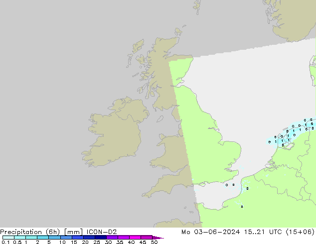 Precipitación (6h) ICON-D2 lun 03.06.2024 21 UTC