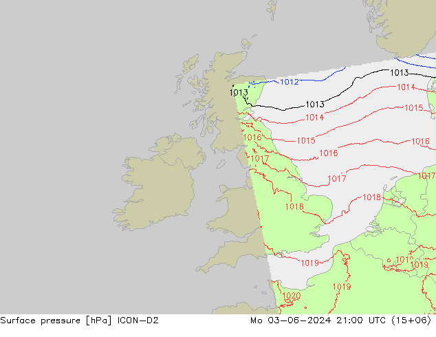 Pressione al suolo ICON-D2 lun 03.06.2024 21 UTC