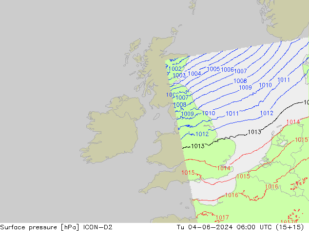 Atmosférický tlak ICON-D2 Út 04.06.2024 06 UTC