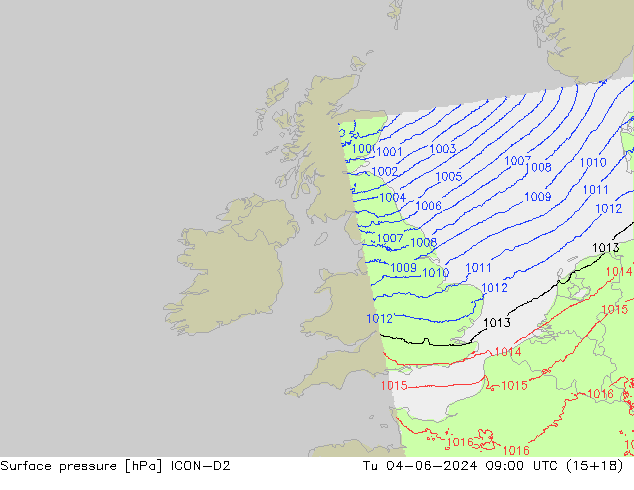 Surface pressure ICON-D2 Tu 04.06.2024 09 UTC