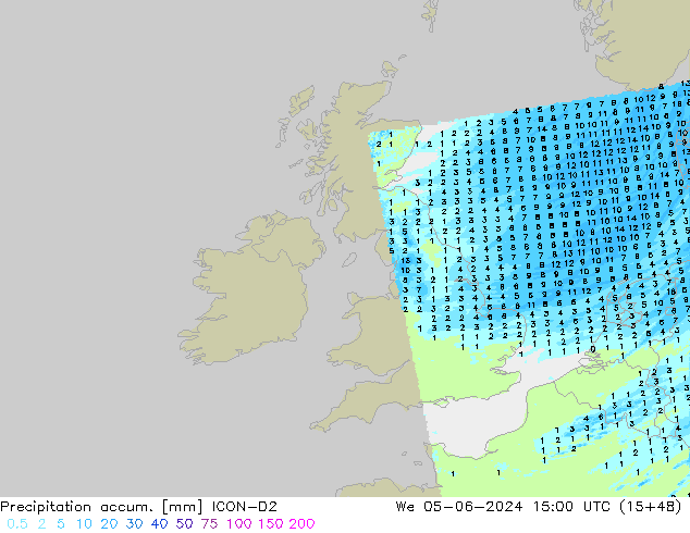 Precipitation accum. ICON-D2 We 05.06.2024 15 UTC