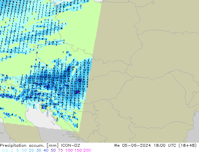 Precipitation accum. ICON-D2 St 05.06.2024 18 UTC