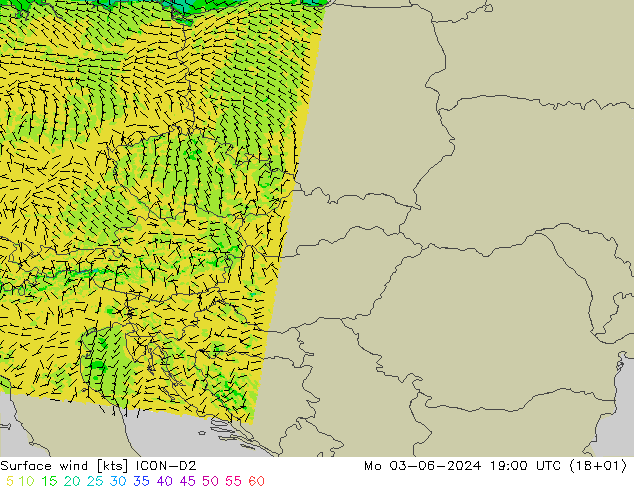 Vent 10 m ICON-D2 lun 03.06.2024 19 UTC