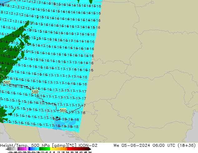 Géop./Temp. 500 hPa ICON-D2 mer 05.06.2024 06 UTC