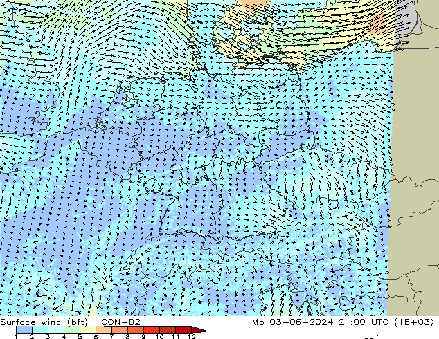 Surface wind (bft) ICON-D2 Mo 03.06.2024 21 UTC
