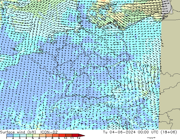 Bodenwind (bft) ICON-D2 Di 04.06.2024 00 UTC