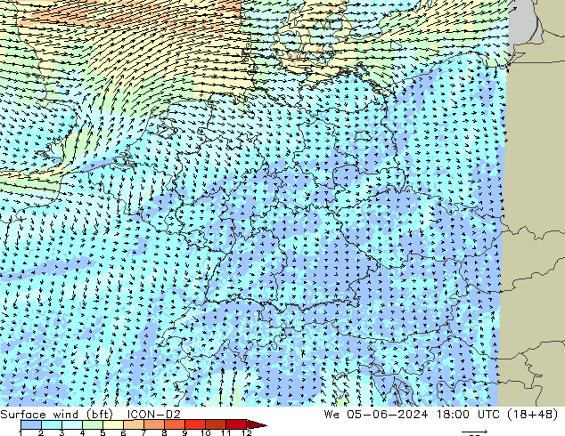 Surface wind (bft) ICON-D2 We 05.06.2024 18 UTC