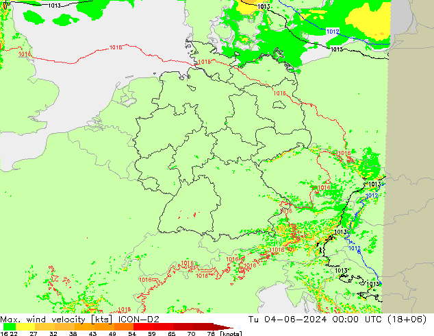 Max. wind velocity ICON-D2 Tu 04.06.2024 00 UTC