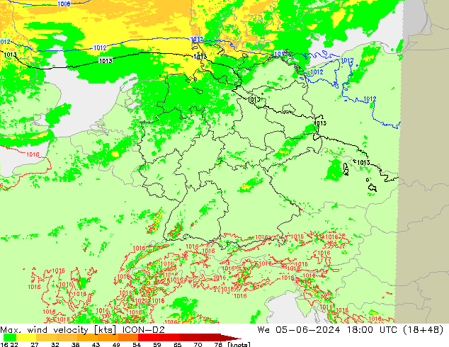 Max. wind velocity ICON-D2 We 05.06.2024 18 UTC