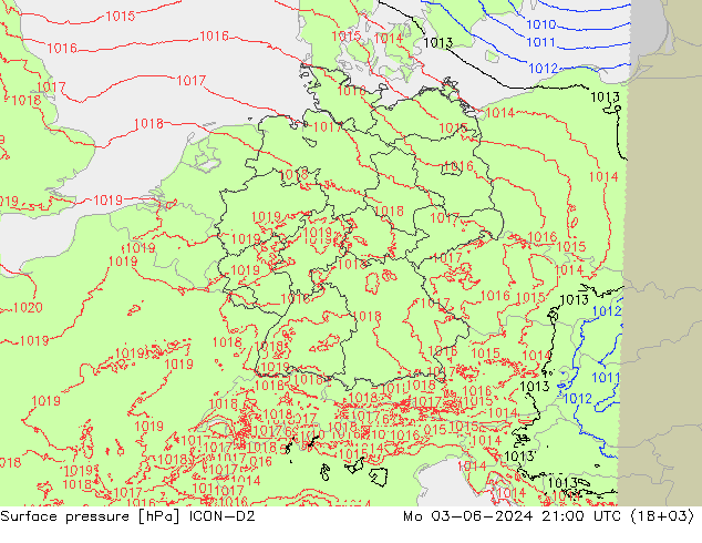 Atmosférický tlak ICON-D2 Po 03.06.2024 21 UTC