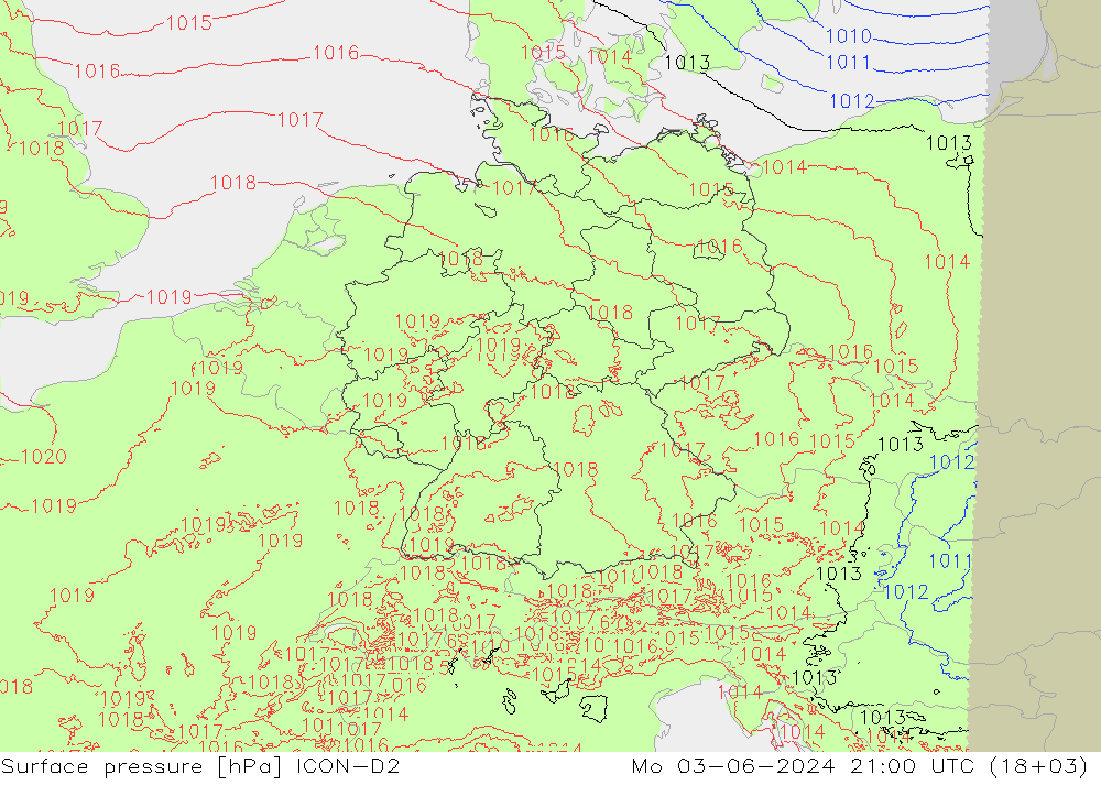 Atmosférický tlak ICON-D2 Po 03.06.2024 21 UTC