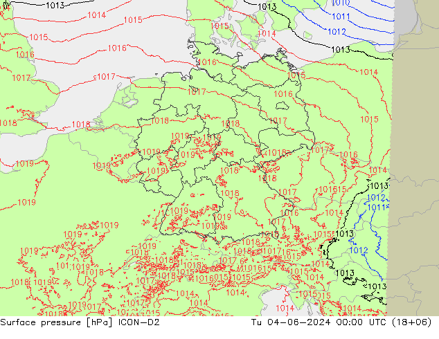 Presión superficial ICON-D2 mar 04.06.2024 00 UTC