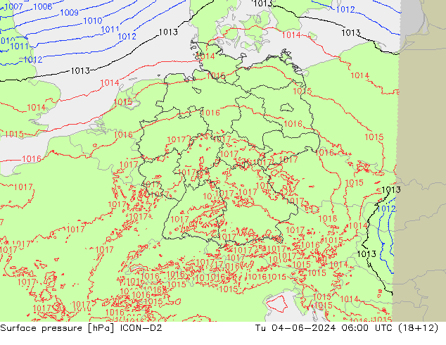 Atmosférický tlak ICON-D2 Út 04.06.2024 06 UTC