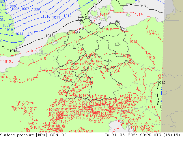 Surface pressure ICON-D2 Tu 04.06.2024 09 UTC