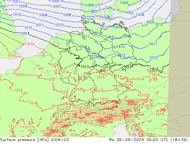 Surface pressure ICON-D2 We 05.06.2024 09 UTC