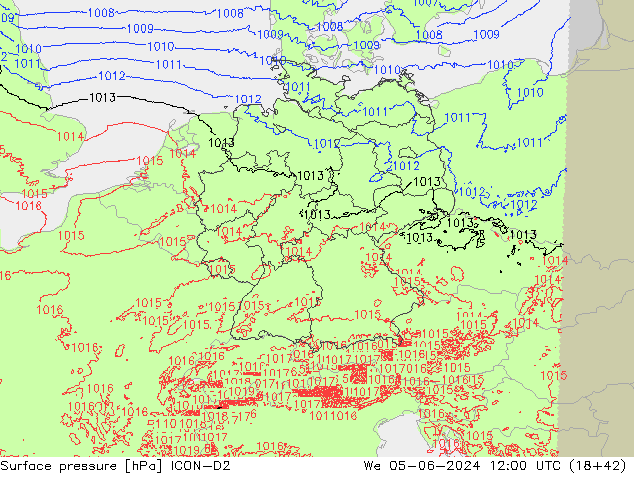 Pressione al suolo ICON-D2 mer 05.06.2024 12 UTC