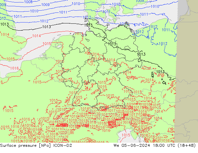 Atmosférický tlak ICON-D2 St 05.06.2024 18 UTC