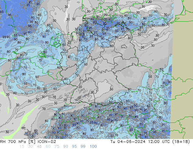 RH 700 hPa ICON-D2 Tu 04.06.2024 12 UTC