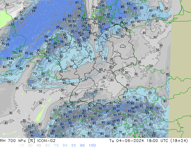 RH 700 hPa ICON-D2 Tu 04.06.2024 18 UTC