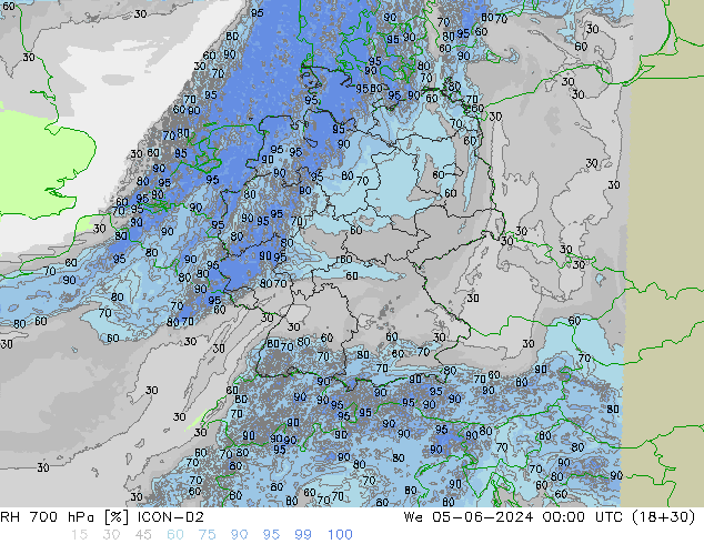 Humedad rel. 700hPa ICON-D2 mié 05.06.2024 00 UTC