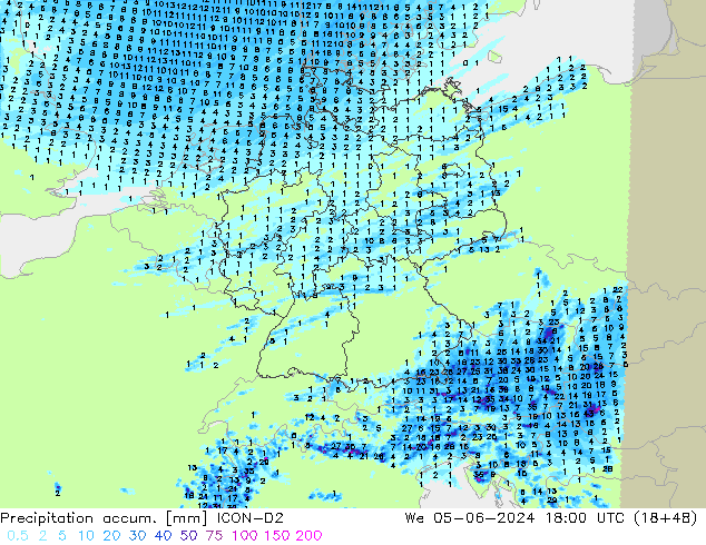 Totale neerslag ICON-D2 wo 05.06.2024 18 UTC