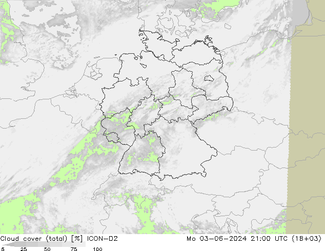 Cloud cover (total) ICON-D2 Mo 03.06.2024 21 UTC