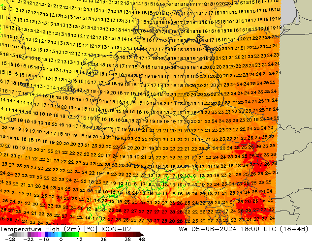 Темпер. макс 2т ICON-D2 ср 05.06.2024 18 UTC