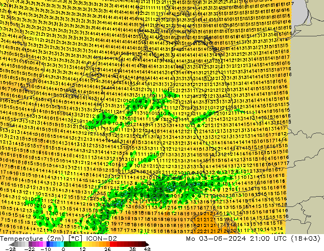 Temperaturkarte (2m) ICON-D2 Mo 03.06.2024 21 UTC