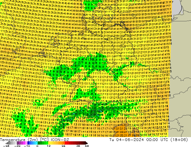 Temperature (2m) ICON-D2 Út 04.06.2024 00 UTC