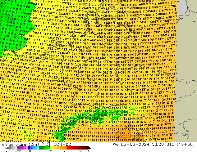 карта температуры ICON-D2 ср 05.06.2024 06 UTC