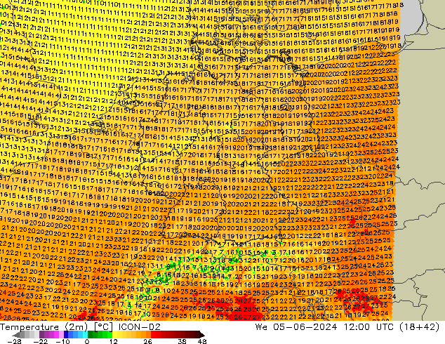 Temperaturkarte (2m) ICON-D2 Mi 05.06.2024 12 UTC