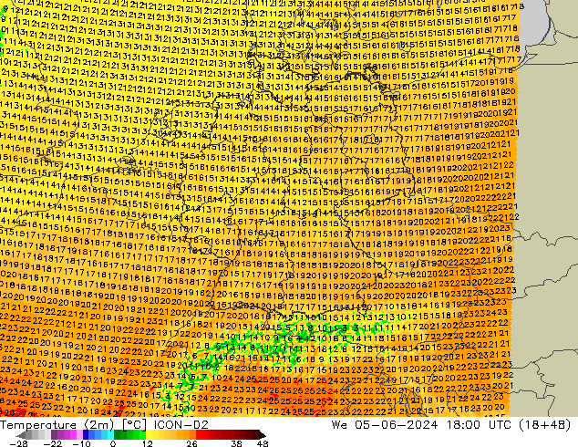 température (2m) ICON-D2 mer 05.06.2024 18 UTC