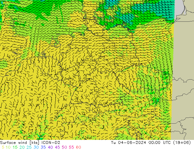 风 10 米 ICON-D2 星期二 04.06.2024 00 UTC