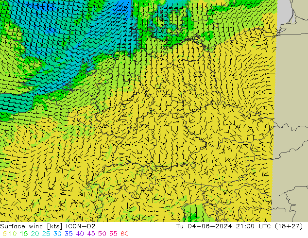 Vent 10 m ICON-D2 mar 04.06.2024 21 UTC