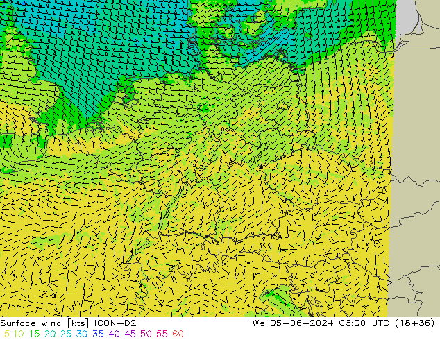 ветер 10 m ICON-D2 ср 05.06.2024 06 UTC