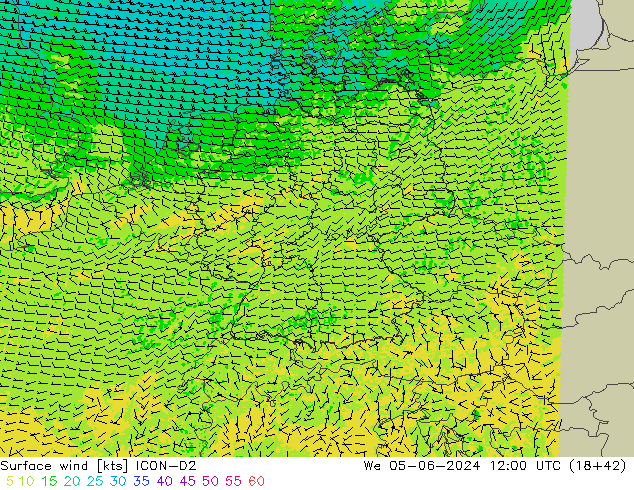 Viento 10 m ICON-D2 mié 05.06.2024 12 UTC