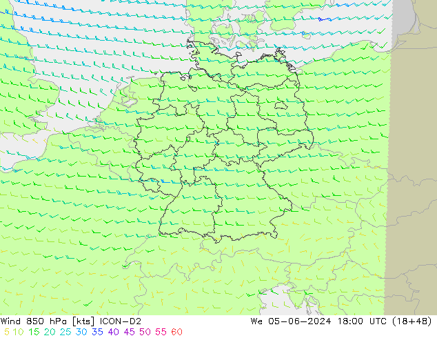 Viento 850 hPa ICON-D2 mié 05.06.2024 18 UTC