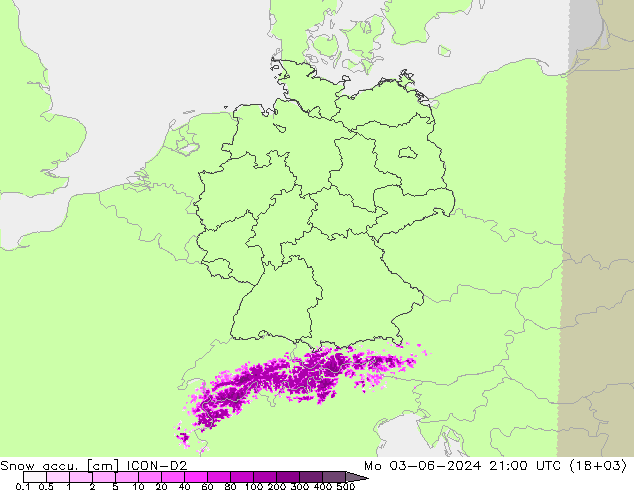 Snow accu. ICON-D2 Mo 03.06.2024 21 UTC