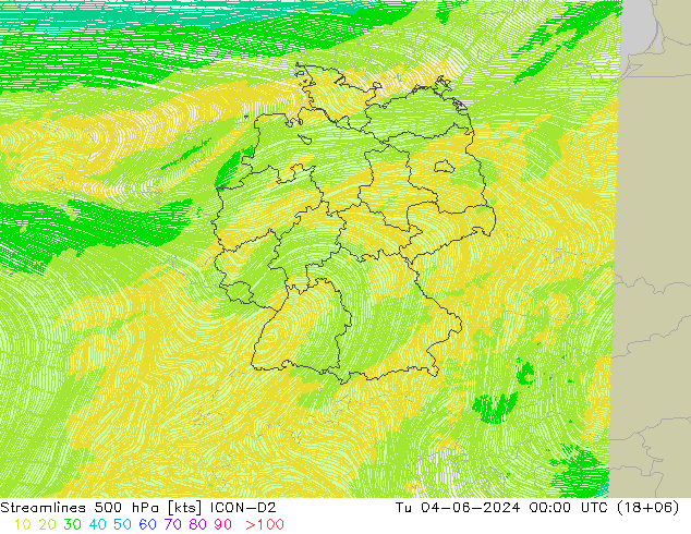 Streamlines 500 hPa ICON-D2 Tu 04.06.2024 00 UTC