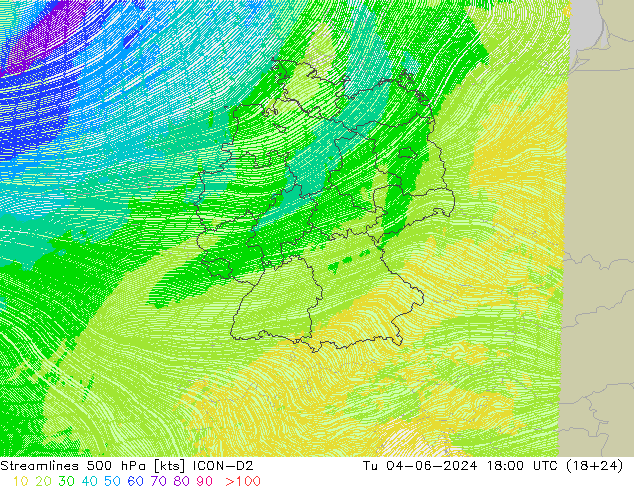 Streamlines 500 hPa ICON-D2 Tu 04.06.2024 18 UTC