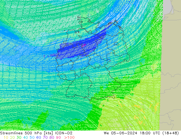 Ligne de courant 500 hPa ICON-D2 mer 05.06.2024 18 UTC