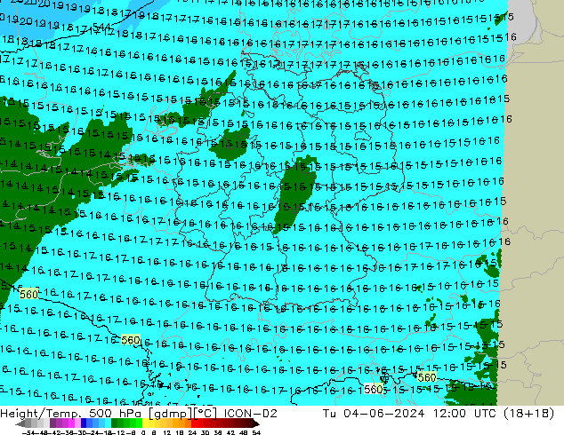 Height/Temp. 500 hPa ICON-D2 Tu 04.06.2024 12 UTC