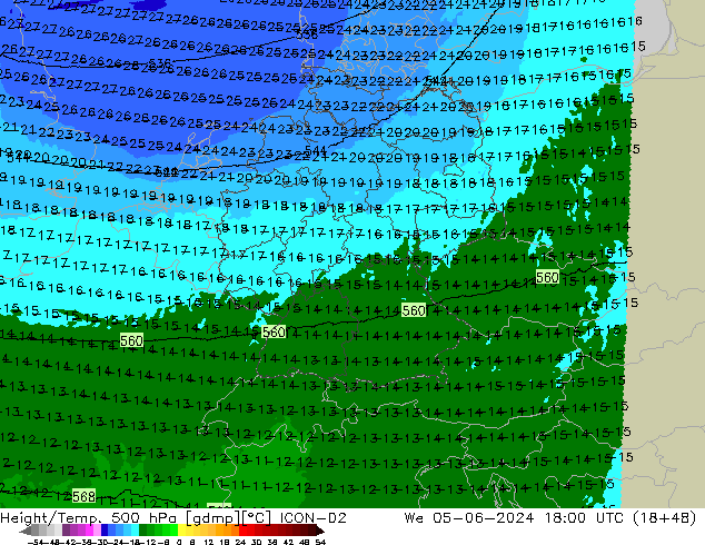 Height/Temp. 500 hPa ICON-D2  05.06.2024 18 UTC